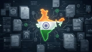 India map with flag colors linked to government document certification icons and ad policy checks.