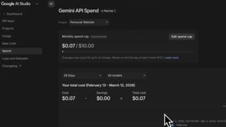 Google AI Studio Spend tab showing monthly spend cap set to $10 with $0.07 used on Paid tier 1