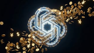 ChatGPT logo surrounded by gold coins and currency symbols as OpenAI enters advertising.