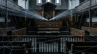 Courtroom with digital tracking web converging on judge's bench, Meta GDPR ruling.