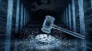 Gavel shattering a cookie symbol inside a data-filled courthouse, Europe map overhead.