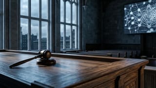 Courtroom gavel and neural network screen illustrating xAI's AB 2013 legal defeat.