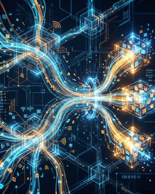 Glowing data streams converge into curated deal packages across a dark digital supply chain network with blue and amber nodes.