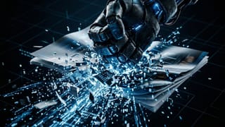 Robotic fist shattering glossy magazines into digital fragments, symbolizing AI's impact on publishing.