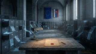 Slovak DPA archive with EU and Slovak flags, sealed document, data files drifting untouched.