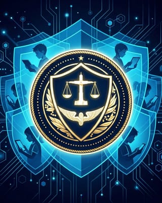 FTC seal shields children using devices online, surrounded by digital protection layers.