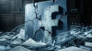 Cracked Facebook logo surrounded by legal documents and data streams in a courtroom setting.