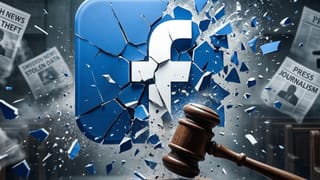 Gavel shatters Facebook logo as Swedish publishers expel Meta over fake ads fraud.