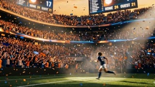 Female soccer player sprints on packed stadium field as confetti rains down at golden hour.