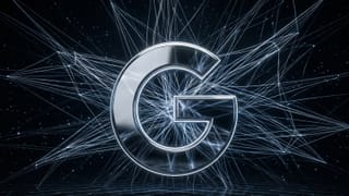 Google's chrome "G" logo radiating web crawl threads across a dark digital network void.