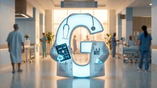 Google G as a doctor holding a tablet in a hospital corridor, AI meets healthcare.