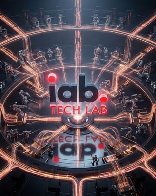 IAB Tech Lab AAMP agentic AI control room with autonomous agents and data streams.