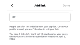 Instagram's "Add link" screen showing URL field and 10-link monthly cap for Meta Verified users.