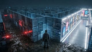 User stuck in mud between ad-filled corridor and blocked path in a digital data labyrinth.