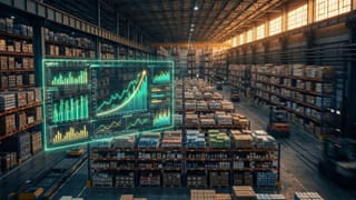 NIQ Early Market Read dashboard over CPG warehouse shelves showing real-time sales data.