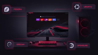 Opera GX gaming browser running on Linux, showing support for Fedora, Ubuntu, Debian, and openSUSE.