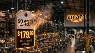 Amazon warehouse price tag with strike-through discount dissolving, reflecting new reference pricing rules.
