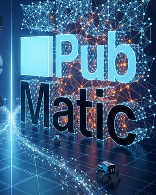 PubMatic agentic AI network with robotic agents traversing programmatic ad streams.