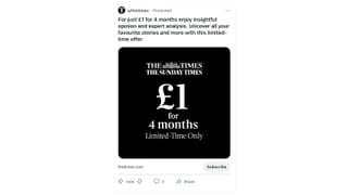 Reddit ad from The Times offering £1 for 4 months subscription, part of a Max campaigns test.