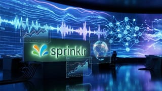 Sprinklr fiscal 2026 results: AI platform data streams and financial charts in control room.