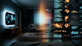 TV screen in dark living room merging with audience measurement data dashboards and analytics charts