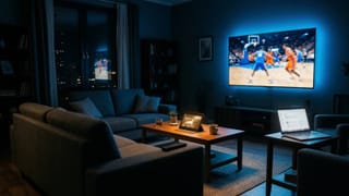 Dark living room lit by multiple screens showing a basketball game and streaming content at night.
