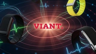 Viant logo surrounded by WHOOP fitness bands with biometric pulse lines on dark background.