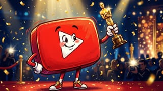 YouTube play button character holding Oscar statuette on red carpet at the 98th Academy Awards 2026.