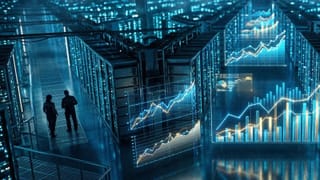 Data center with holographic AI analytics charts showing gen AI ROI gains across industries.