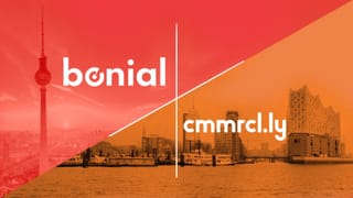 Bonial and cmmrcl.ly logos over Berlin and Hamburg skylines, marking the acquisition deal.