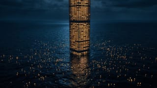 A lone skyscraper towers over hundreds of tiny lights floating in a dark ocean at night.
