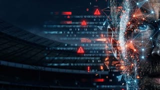 Fragmented face dissolving into biometric data streams with red alerts over a dark stadium backdrop.