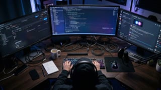 Developer working across three monitors showing API code and Discord channels at night.