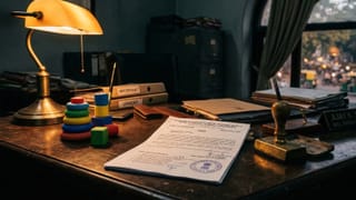 Indian government desk with legal order, children's toy, and official stamp in New Delhi office.