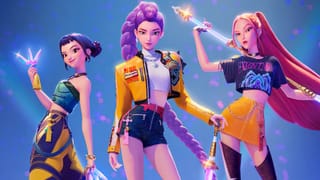 Three animated K-Pop Demon Hunters characters wielding glowing weapons against a blue backdrop.