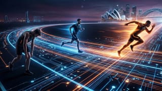 Three runners on a digital track near Sydney Opera House, video ad formats racing ahead of display.