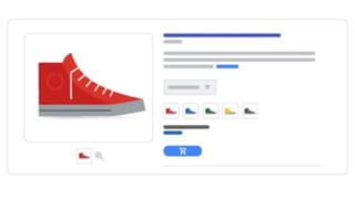 Google Merchant Center product landing page showing a buy button and color variants for a sneaker.