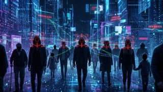 Crosshairs target working-age adults in a digital city as scam alerts loom overhead.