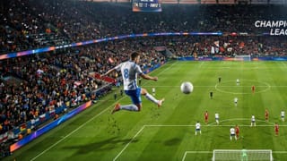 Soccer player mid-air kick in packed stadium during a live World Cup match broadcast.