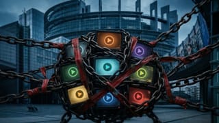 Chains and red tape bind glowing streaming screens before the EU Parliament building.