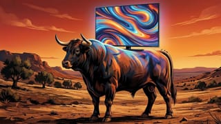 Spanish bull carrying a glowing CTV screen across an Iberian plain at dusk.