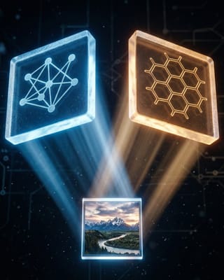 Two glowing metadata tiles beam light onto a search thumbnail — schema.org meets og:image.