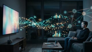 Person watching TV with real-time CTV attention data signals flowing toward programmatic ad system.