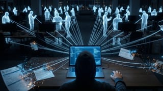 AI agents transmitting owner behavioral data and private documents across a network at night.