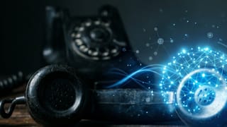 AI neural network analyzing a phone call on a vintage rotary telephone, dark cinematic 