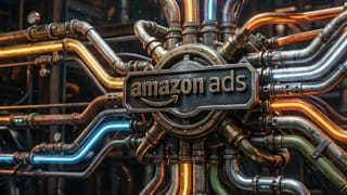 Amazon Ads inventory management API hub with programmatic deal pipes converging at center.