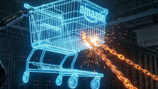 Digital shopping cart under tension between AI robotic arm and chains inside Amazon server room