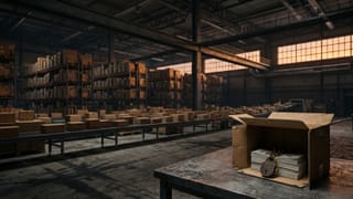 Amazon warehouse with locked cash box on steel table, ad costs deducted from seller proceeds