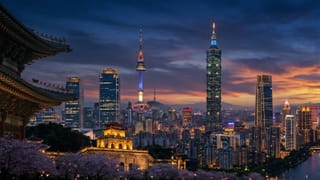 Asian city skyline at dusk blending Seoul and Taipei landmarks for AI regulation article