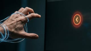 Browser back button glowing red while digital wires trap a hand trying to navigate away.